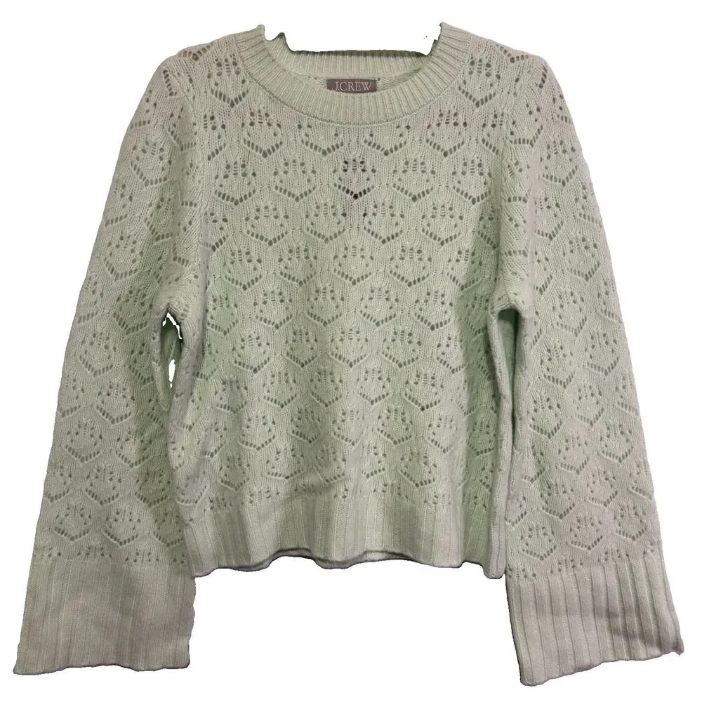 NEW J. Crew Women Supersoft Pointelle Wool Wide Sleeve Sweater Jade Green M NWT